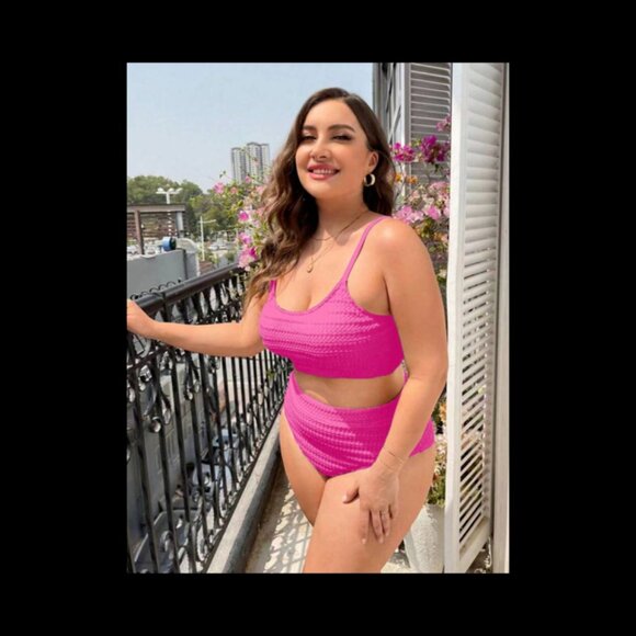 Vibrant Pink Crochet Textured High Waisted 2-Pc Swimsuit Bikini 0X - Picture 3 of 11